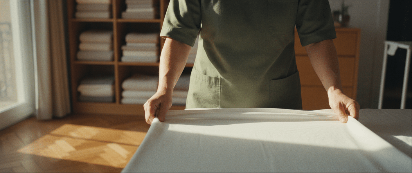 Gouvernante pliant du linge propre dans une lingerie