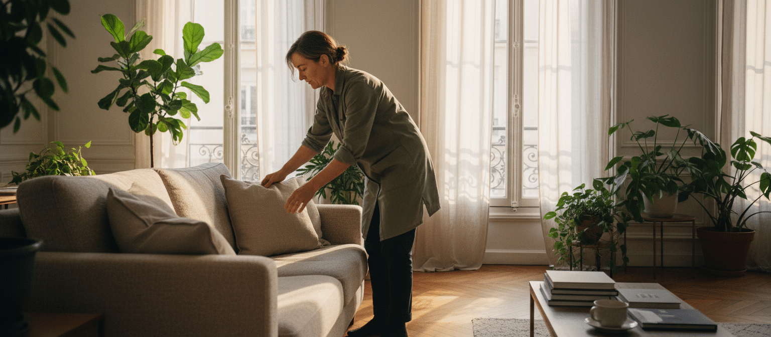 Gouvernante à domicile organisant un salon lumineux