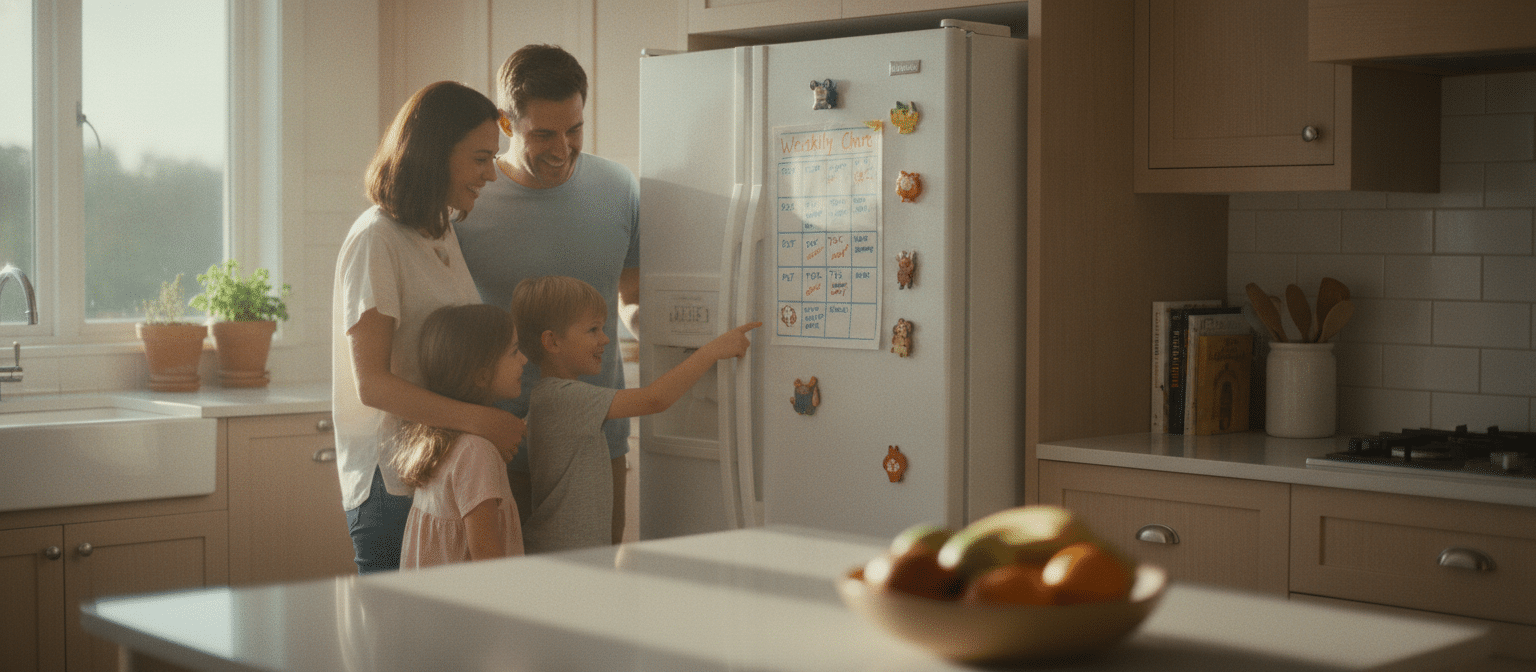 Famille consultant son tableau des tâches ménagères affiché sur le frigo